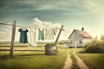 clothesline outdoor on large farm with laundry in form of clothes and linen, created with generative ai - obrazy, fototapety, plakaty