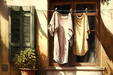 summer clothes hanging on clothesline outdoor outside window, created with generative ai