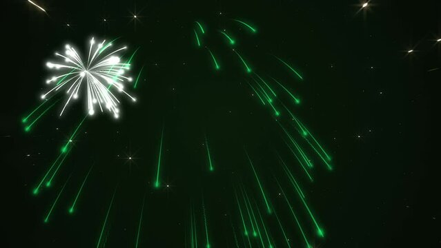 Saint Patrick's Day celebration firework display background with exploding fireworks in the Irish green, white and gold colors with shiny flowing stars and particles.