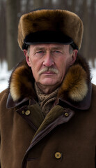 Obraz premium Stoic Russian Man in Traditional Fur Hat and Coat - Cultural Attire Portrait (created with Generative AI)
