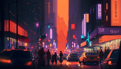 A bustling city street at night, alive with vibrant colors and neon lights generative ai