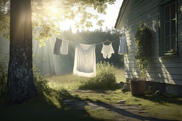 sun washed white clothes on line outside house in nature, created with generative ai
