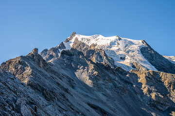 Rocky summit and glacier of Ortler Mountain, 3 905 m, and Julius Payer House at normal route. The highest peak of Tyrol and former Austrian-Hungarian empire. Eastern Alps, Italy