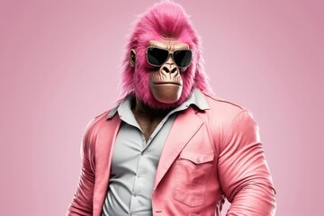 Pink gorilla with sunglasses. Generative AI - obrazy, fototapety, plakaty