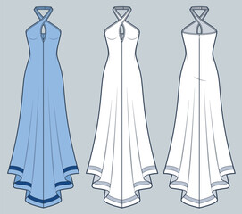 Halter Dress technical fashion illustration, blue design. Maxi Dress fashion flat technical drawing template, zip-up, asymmetric bottom, front and back view, white color, women CAD mockup set.