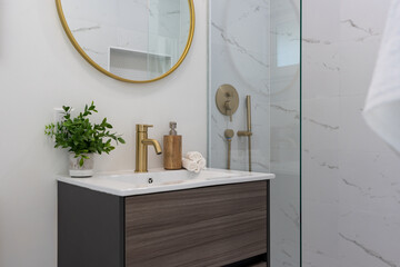 Modern bathroom details of sink with gold faucet, gold rim mirror, and walk in shower.