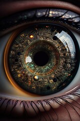 Close up of a eye cyber circuit. Concept of Biometric data reading in future - Generative AI