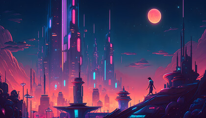 Against a backdrop of a deep indigo sky, a futuristic neon city glows with vibrant colors and dynamic motion generative ai