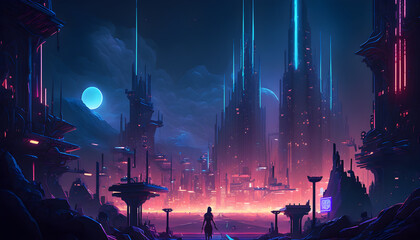 Against a backdrop of a deep indigo sky, a futuristic neon city glows with vibrant colors and dynamic motion generative ai
