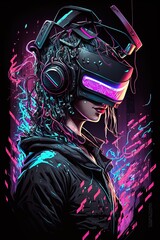 Multiverse gamer figure concept with VR headset and headset. on background in bright psychedelic colors in vaporwave style. Generative AI