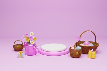 Easter cute baskets, eggs and flowers on light pink background. 3d rendering