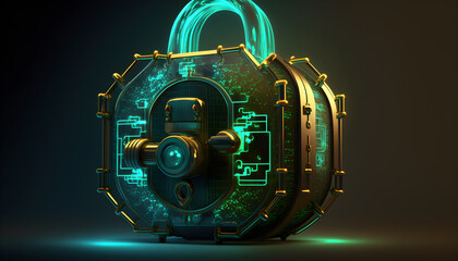 Very realistic image of a cyber lock glowing neon with symbols of technology around generative ai