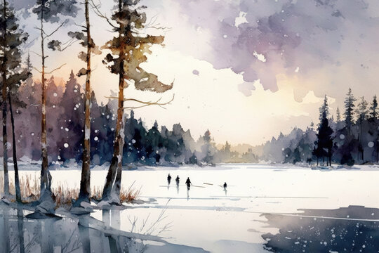Beautiful winter landscape with a forest lake. Pastel colors, watercolor painting. Generative AI