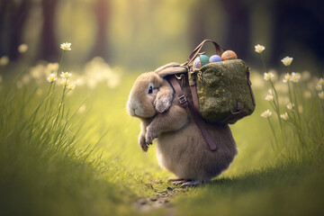 Easter bunny delivering easter eggs, nature, AI generated - obrazy, fototapety, plakaty