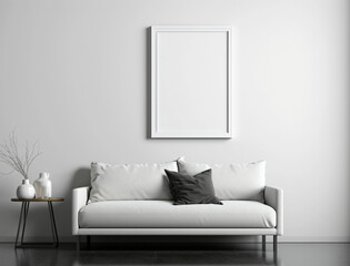 Blank picture frame mockup on the gray wall. White living room design. View of modern style interior with sofa. Home staging and minimalism concept