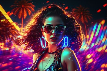 Attractive girl clubbing at the hot summer dance party. Neon light. Palm trees on background. Vacation nightlife.	
