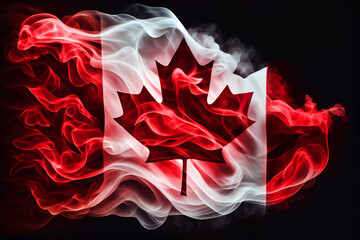 Flag of Canada made of smoke. War or wild fire anstract banner concept. Maple Leaf. Generative Ai.