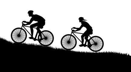 Fototapeta na wymiar silhouette cyclists ride on the grass