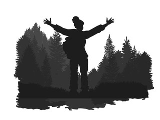 silhouette traveler in the forest