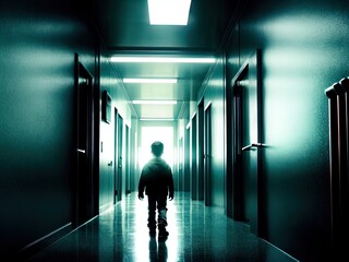 A hallway with a bright light at the end. Spooky horror scene. 