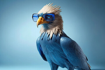 A close-up of a blue eagle's head with yellow beak and wearing blue sunglasses. - Powered by Adobe