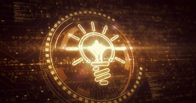 Bulb idea creative innovation and success inspiration symbol digital concept. Network, cyber technology and computer background abstract 3d animation.