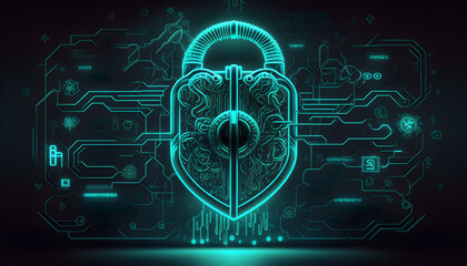 Fototapeta premium Illustration of a cyber lock glowing neon with symbols of technology around generative ai