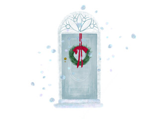 Holiday postcard with vintage front door and Christmas decoration.  Festive facade painting.