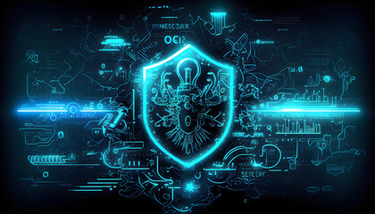 Illustration of a cyber security glowing neon with symbols of technology around generative ai