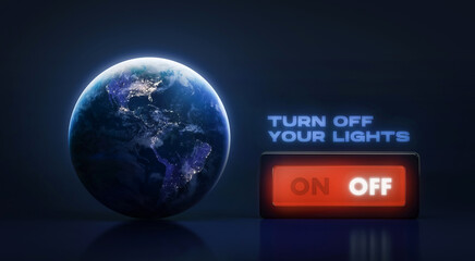 Earth hour 2024 campaign. Turn off your lights for our planet on 60 minutes. Switch button. Save...