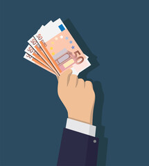 illustration vectorielle représentant une mai brandissant une liasse de billets de 50 euros. symbole des affaires, de la finance et du capitalisme