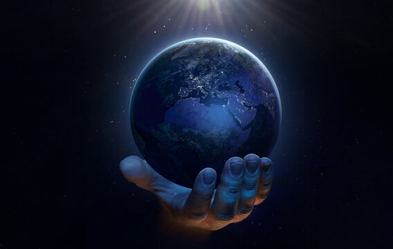 Earth globe in hand. Earth sphere. Earth hour 2024 planet template. Elements of this image furnished by NASA