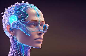 Cybernetic head and brain, artificial intelligence, holographic glowing structures. Futuristic technology concept. Generative AI illustration
