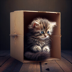 Cute little kitten in a box. AI Generated