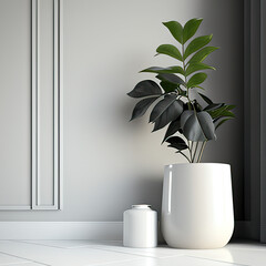 This picture depicts a modern minimalist interior with a plant in a fashionable vase against a white background, giving it a fresh and cozy look.