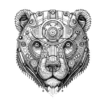 steampunk bear drawing depicts a mechanical bear with gears, pipes and rivets. Its intense gaze and imposing posture convey power and strength