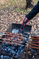 Cook meat on the grill. Barbecue in the park. A device for measuring the readiness of a dish....
