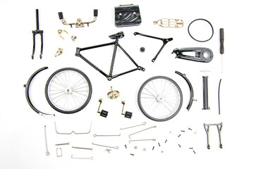 prefabricated parts of a bicycle model on a white background