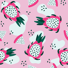 Cute vector seamless dragon fruit pattern.Illustration of exotic tropical papaya.Suitable for textile design, prints for clothes,wrapping paper, cards, wallpapers.Vector illustration of a dragon fruit