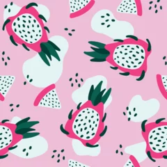 Raamstickers Cute vector seamless dragon fruit pattern.Illustration of exotic tropical papaya.Suitable for textile design, prints for clothes,wrapping paper, cards, wallpapers.Vector illustration of a dragon fruit © Vlada