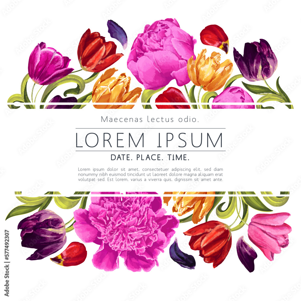 Wall mural floral botanical frame design with space for text. spring template with bright multicolored peony an