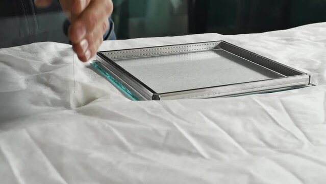 Close-up of a window fabricator assembling a window section from an aluminum thin profile and glass. The process of assembling a window pane by the hands of a master on a workbench in the workshop
