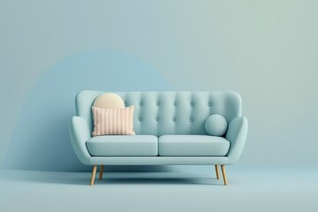 Sofa, couch isolated on a pastel blue background. Empty interior background. Minimal creative concept. illustration. Generative AI