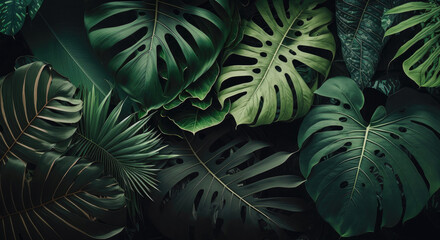 Naklejka na ściany i meble Group background of dark green tropical monstera leaves. Generative ai.