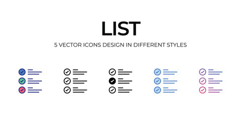 list Icon Design in Five style with Editable Stroke. Line, Solid, Flat Line, Duo Tone Color, and Color Gradient Line. Suitable for Web Page, Mobile App, UI, UX and GUI design.