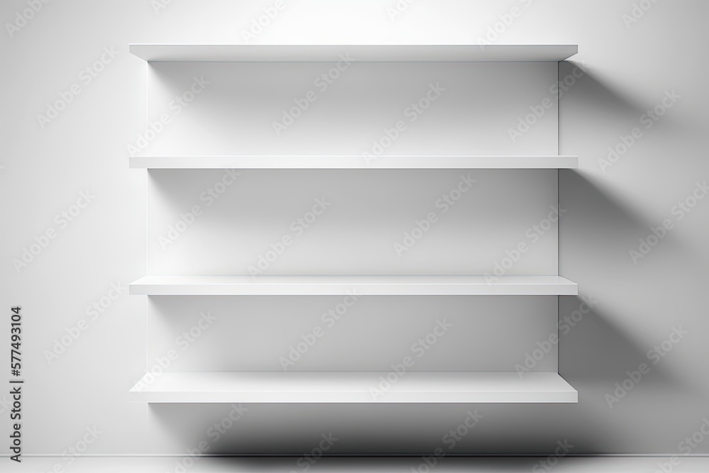 Poster front view of empty white shelves mounted on a white wall. backdrop shelf for product display. . gen