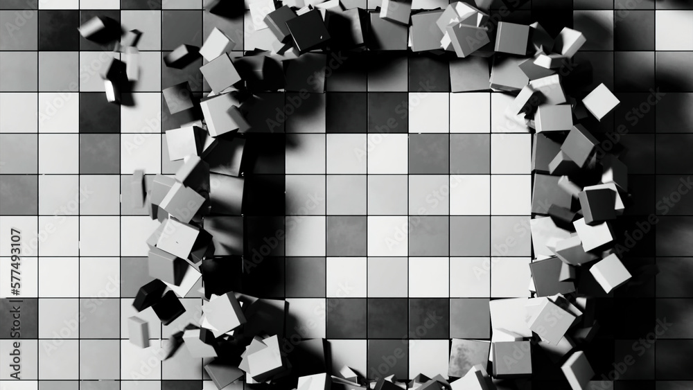 Poster 3d background with squares and wave rings. design. squares move in space with 3d distortion. ring 3d