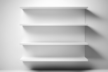 Front view of empty white shelves mounted on a white wall. Backdrop shelf for product display. . Generative AI