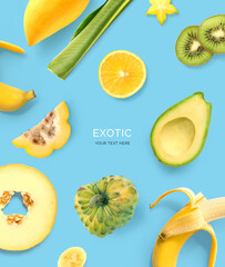 Creative layout made of lemon, kiwi, banana, avocado on the blue background. Flat lay. Food concept. Macro  concept.  