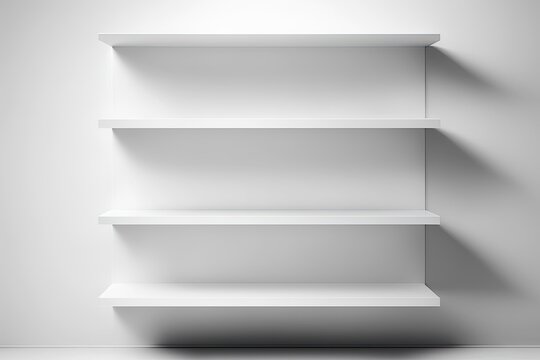 Front view of empty white shelves mounted on a white wall. Backdrop shelf for product display. . Generative AI